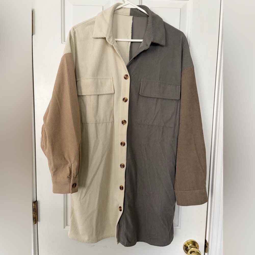 Fall Sale: Color Block Corduroy Button-Up Shirt Dress/long shacket